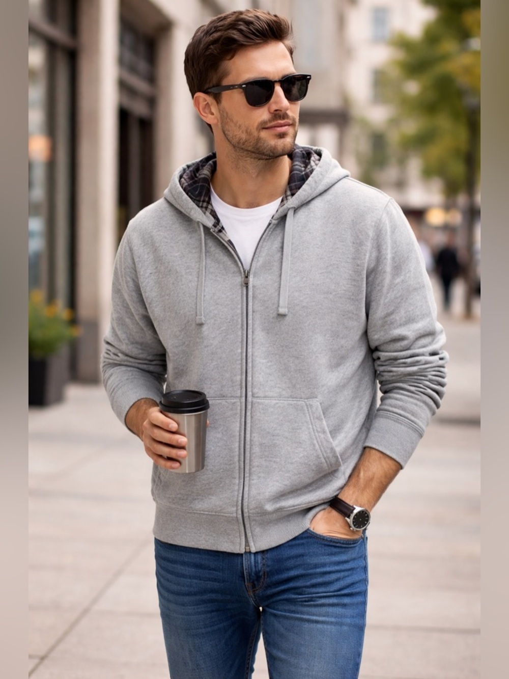 L.L. BEAN Men's Light Grey Full-Zip Flannel Lined Heavyweight Hoodie Sweatshirt